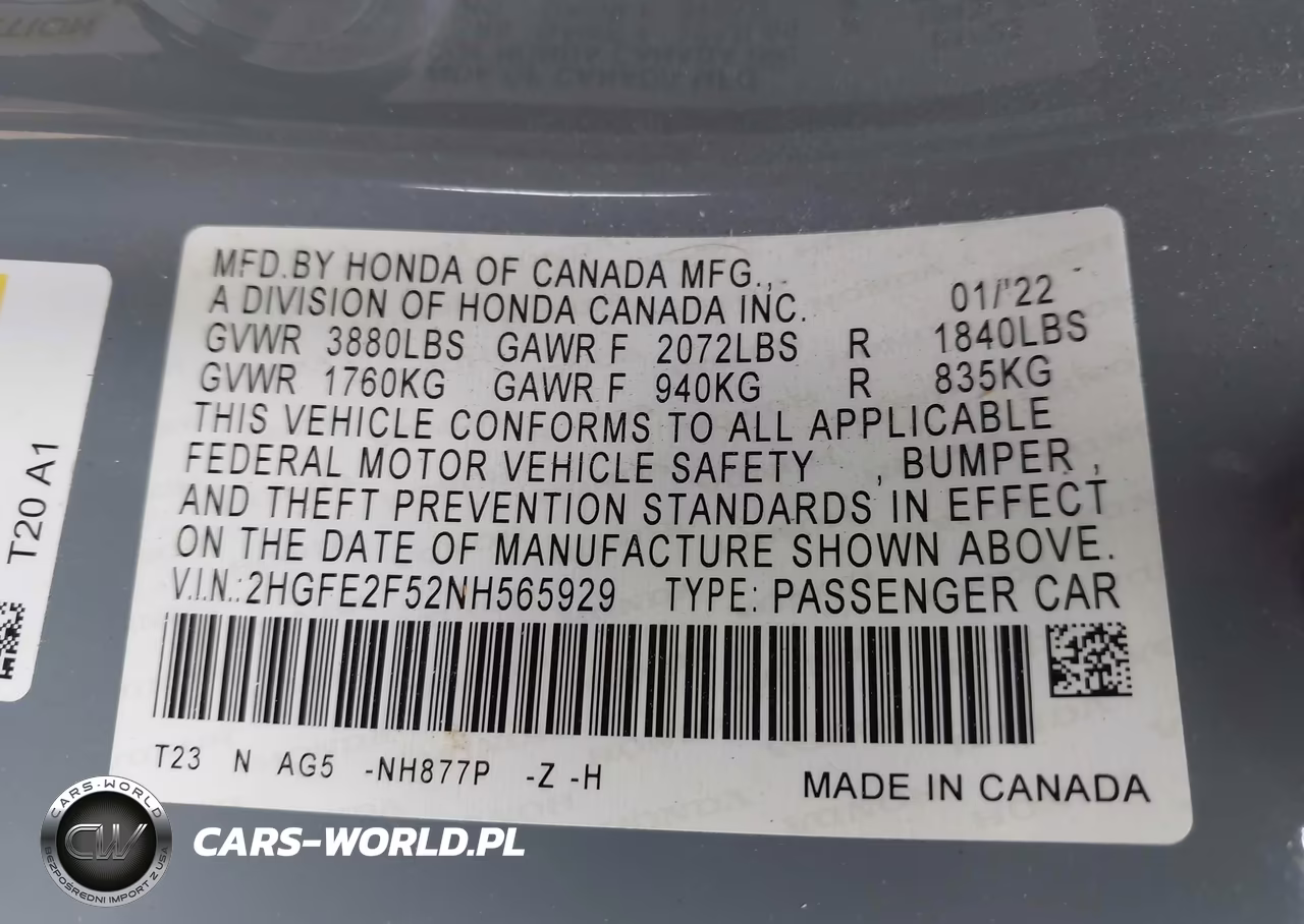 2022 Honda Civic Sport VIN:2HGFE2F52NH565929 - 9