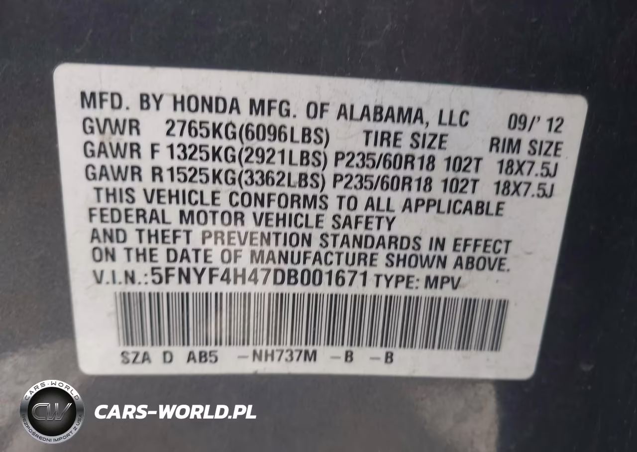 2013 Honda Pilot Ex VIN:5FNYF4H47DB001671 - 9