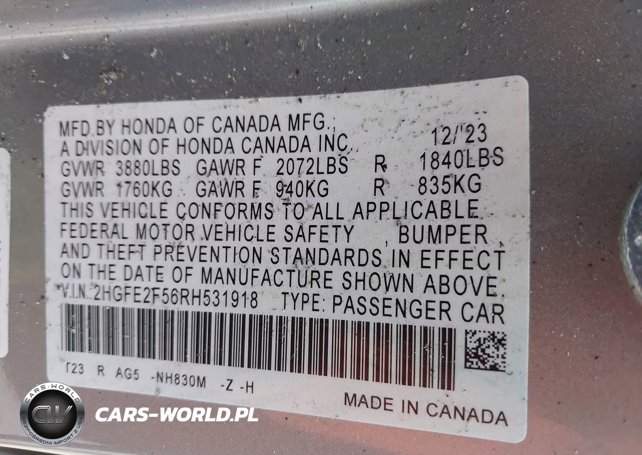 2024 Honda Civic Sport VIN:2HGFE2F56RH531918 - 9
