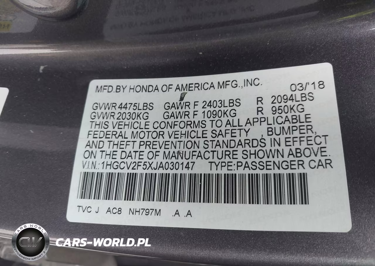 2018 Honda Accord Ex-L 2.0T VIN:1HGCV2F5XJA030147 - 9