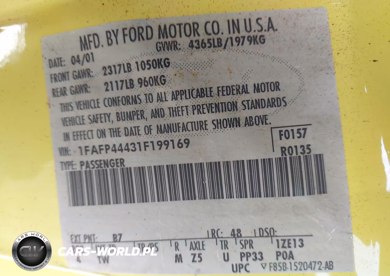 2001 Ford Mustang VIN:1FAFP44431F199169 - 9