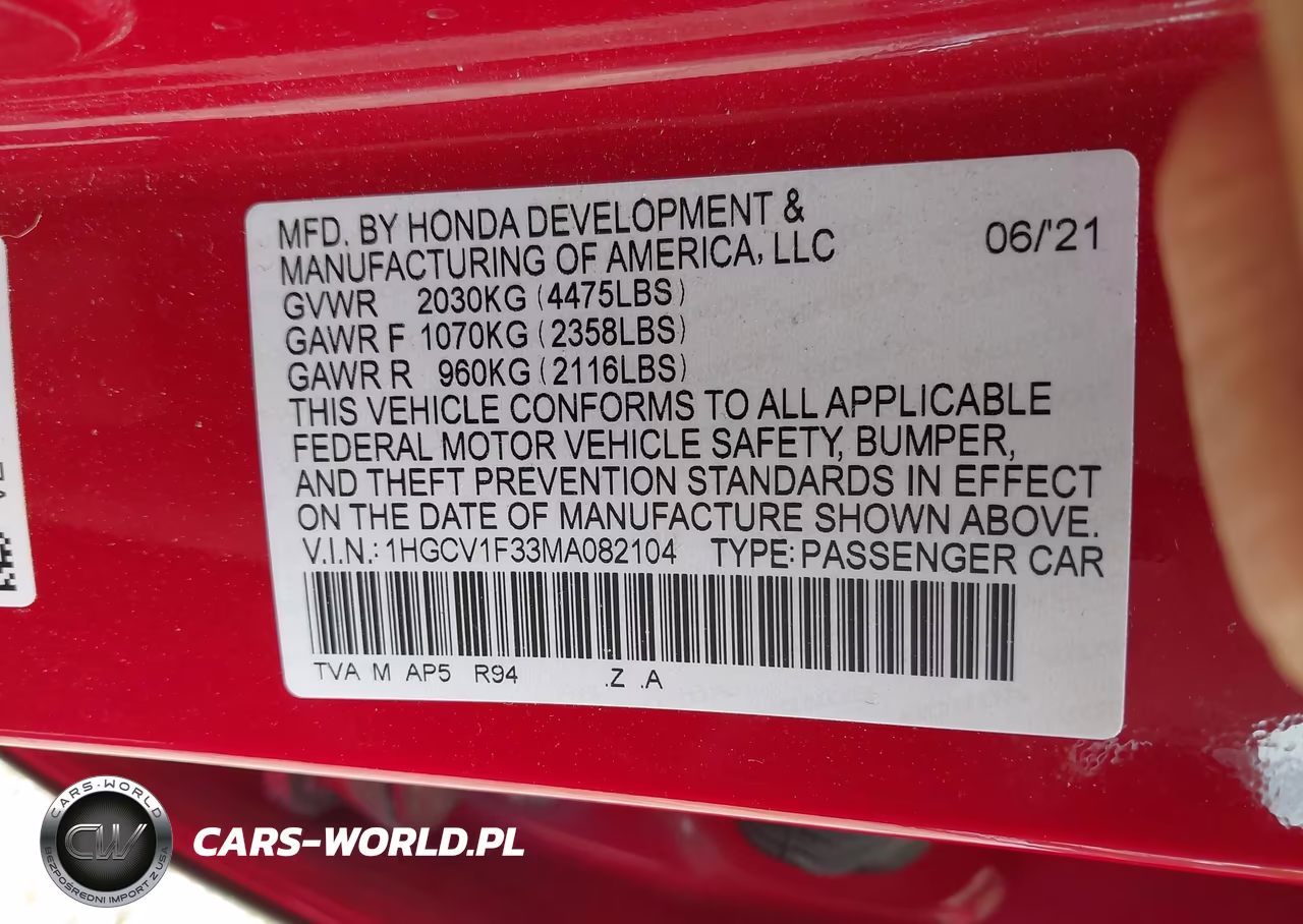 2021 Honda Accord Sport VIN:1HGCV1F33MA082104 - 9