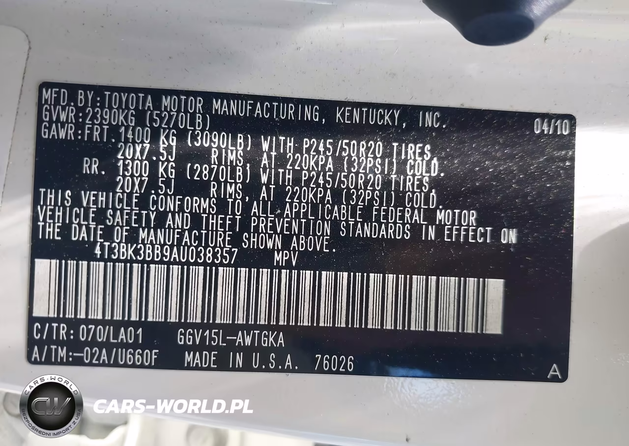 2010 Toyota Venza Base V6 VIN:4T3BK3BB9AU038357 - 9