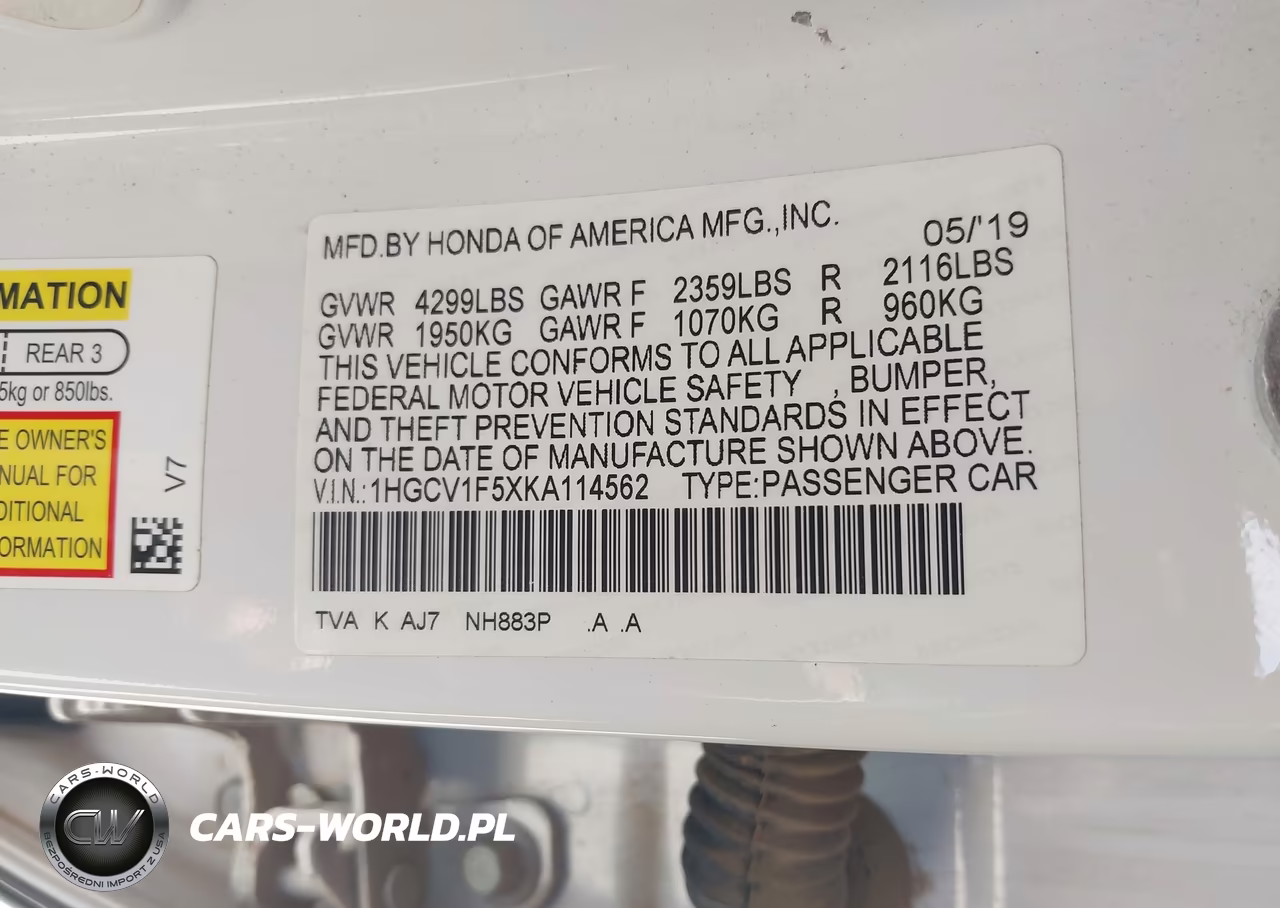 2019 Honda Accord Ex-L 1.5T VIN:1HGCV1F5XKA114562 - 9