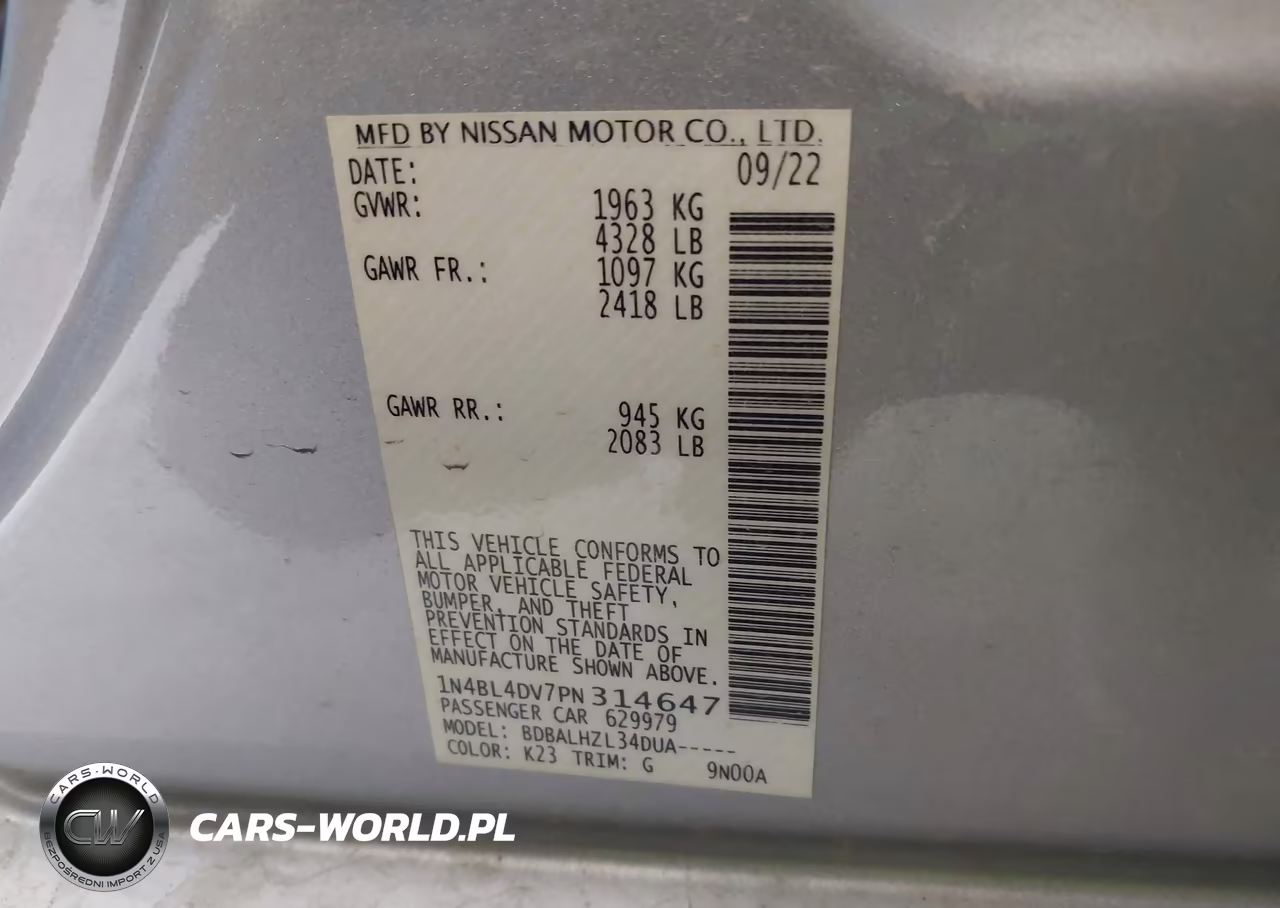2023 Nissan Altima Sv Fwd VIN:1N4BL4DV7PN314647 - 9