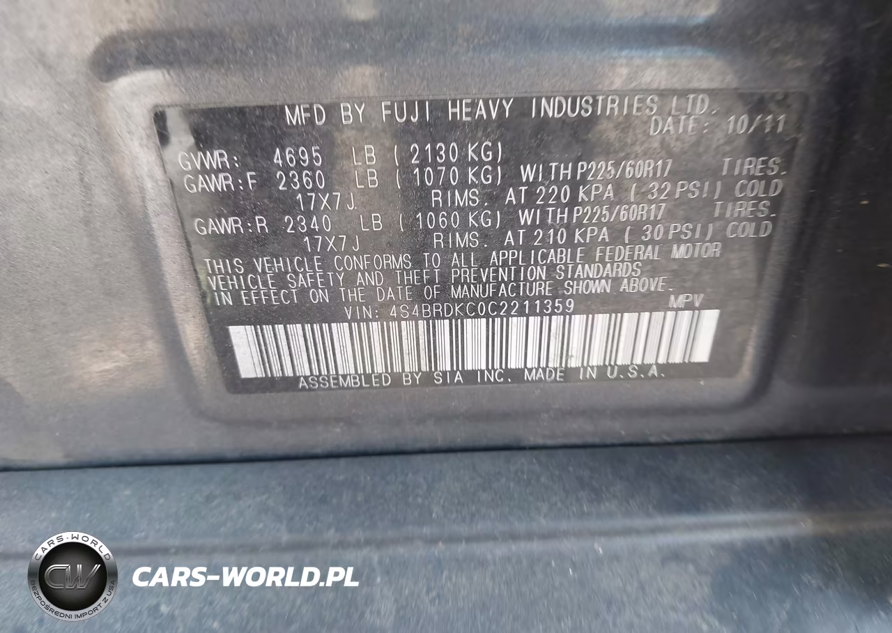 2012 Subaru Outback 3.6R Limited VIN:4S4BRDKC0C2211359 - 9