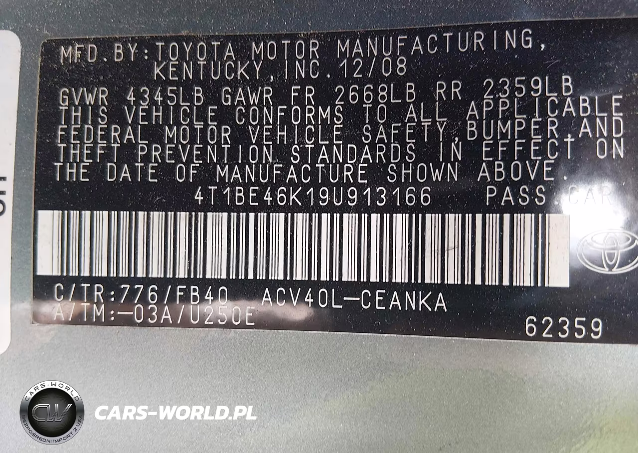 2009 Toyota Camry Le VIN:4T1BE46K19U913166 - 9