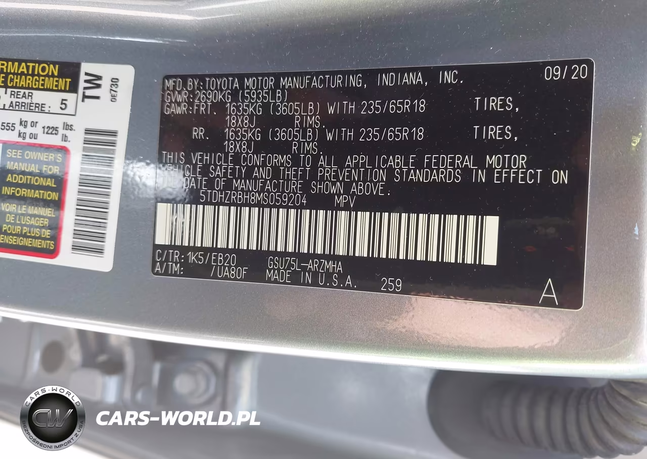2021 Toyota Highlander Xle VIN:5TDHZRBH8MS059204 - 9