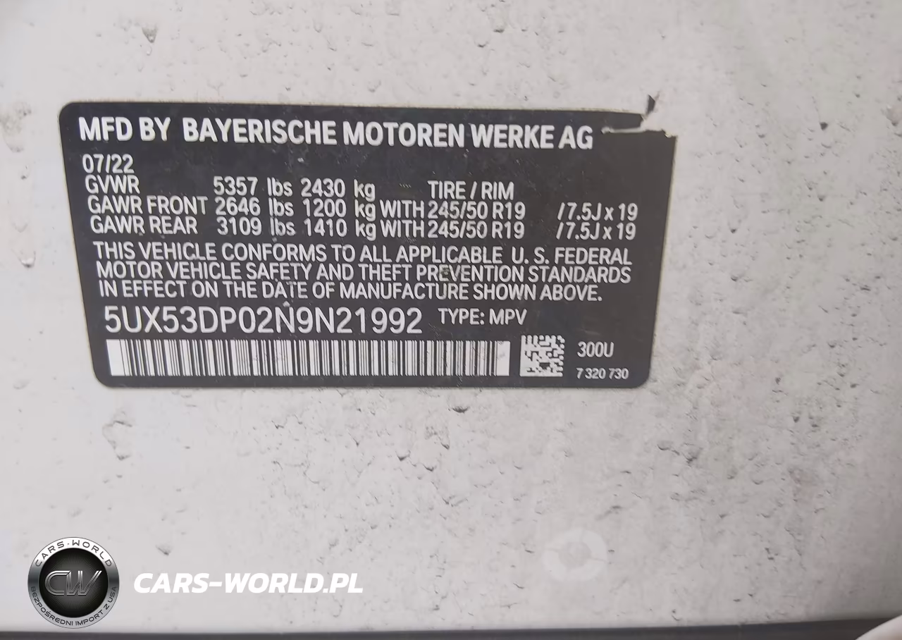 2022 BMW X3 xDrive30I VIN:5UX53DP02N9N21992 - 9