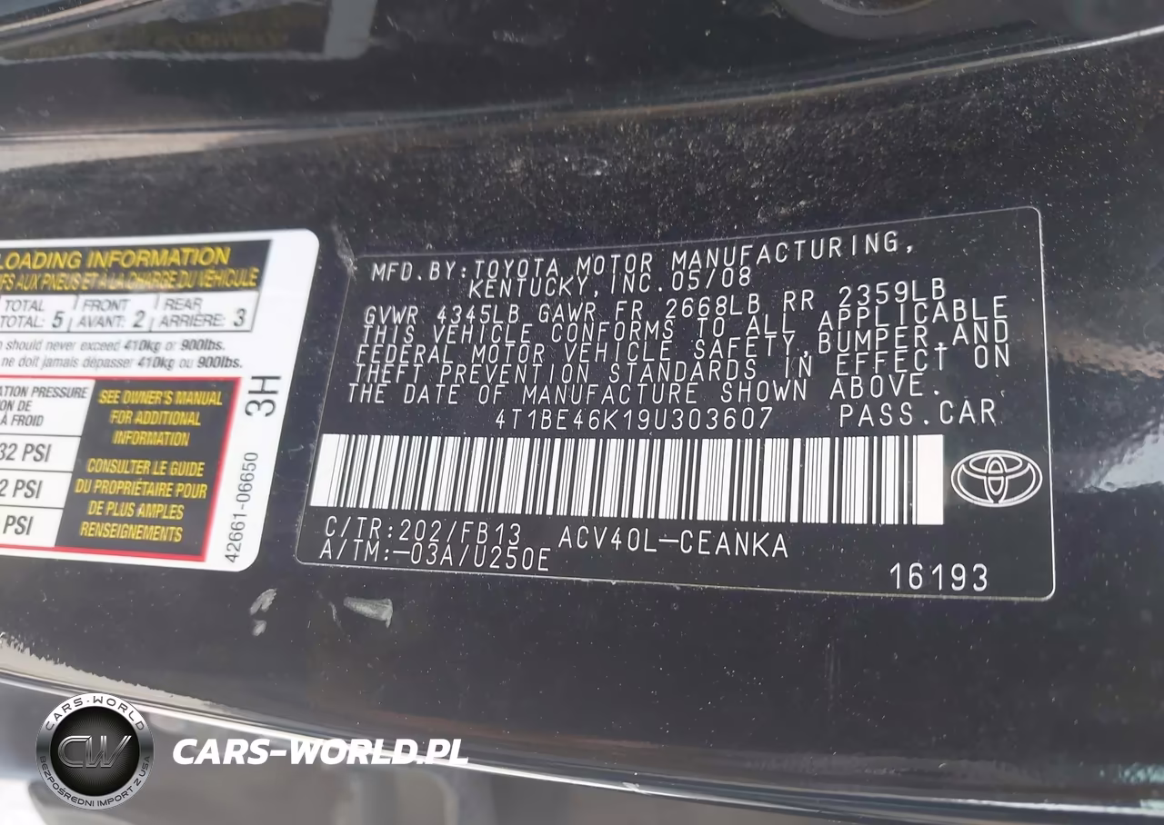 2009 Toyota Camry Le VIN:4T1BE46K19U303607 - 9