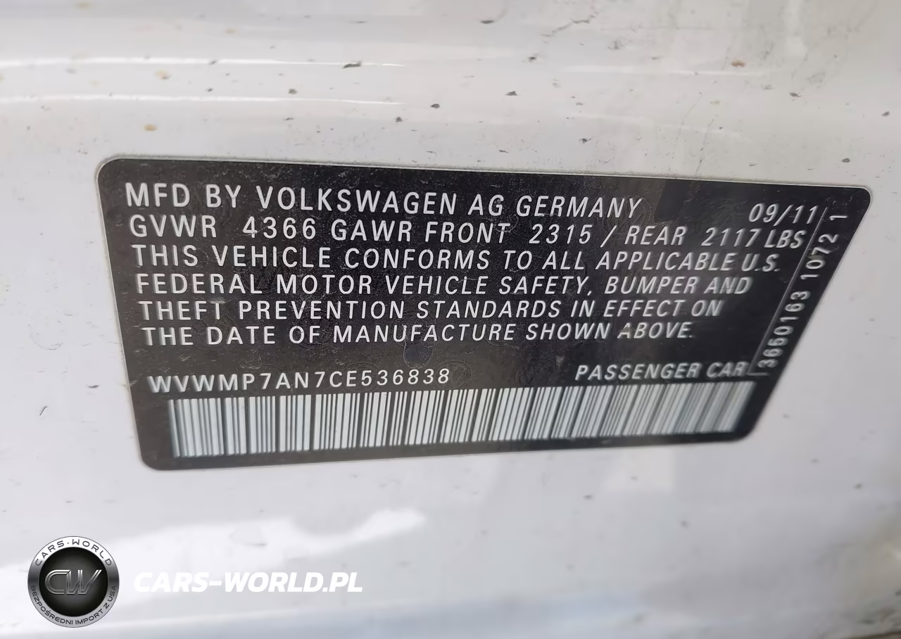 2012 Volkswagen Cc Sport VIN:WVWMP7AN7CE536838 - 9