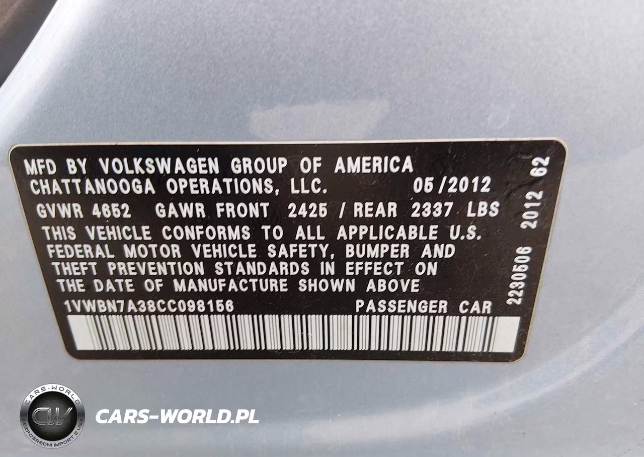 2012 Volkswagen Passat 2.0L Tdi Se VIN:1VWBN7A38CC098156 - 9
