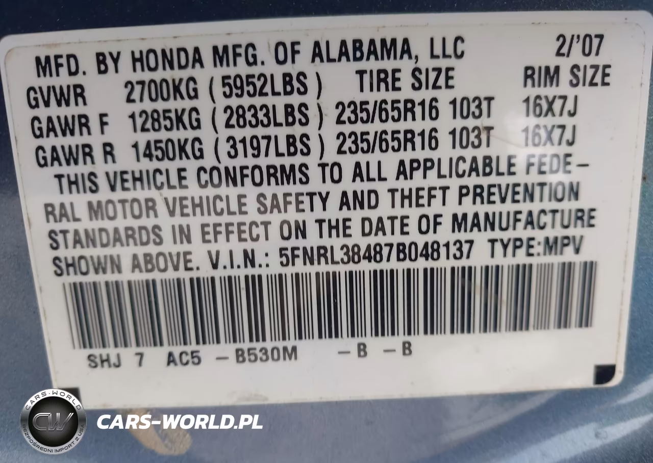 2007 Honda Odyssey Ex VIN:5FNRL38487B048137 - 9