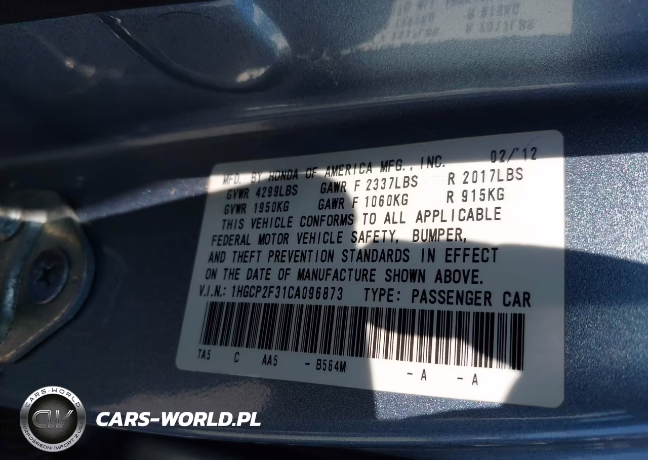 2012 Honda Accord 2.4 Lx VIN:1HGCP2F31CA096873 - 9