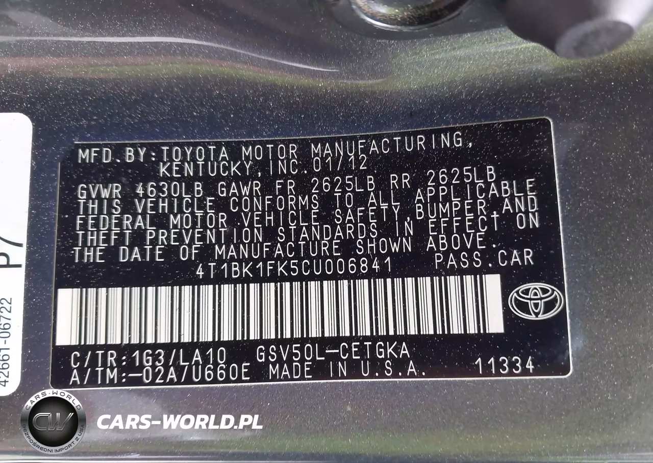 2012 Toyota Camry Xle V6 VIN:4T1BK1FK5CU006841 - 9