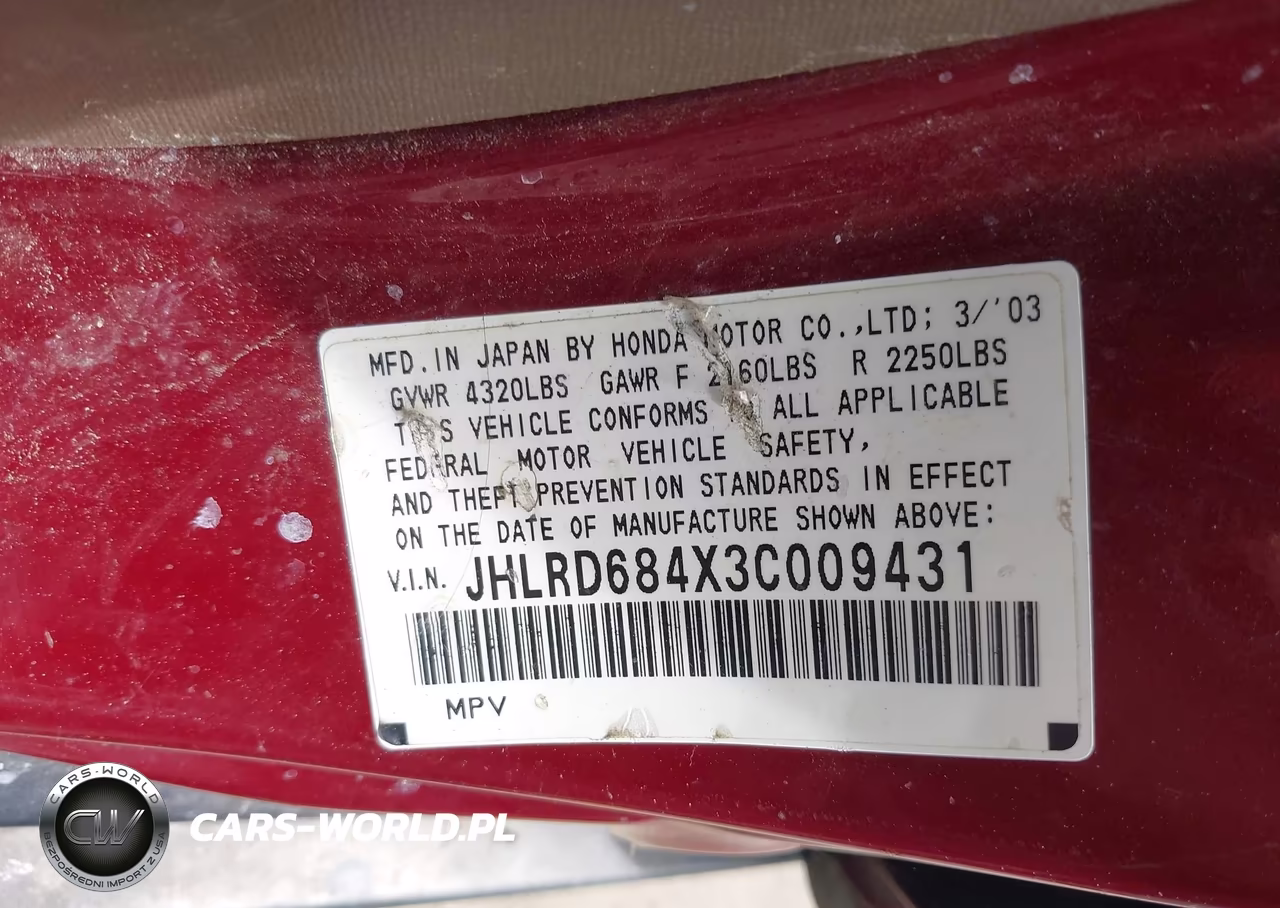 2003 Honda Cr-V Lx VIN:JHLRD684X3C009431 - 9
