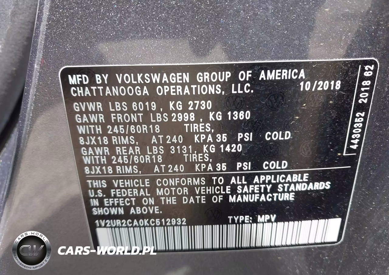 2019 Volkswagen Atlas 3.6L V6 Se W-Technology VIN:1V2UR2CA0KC512932 - 9