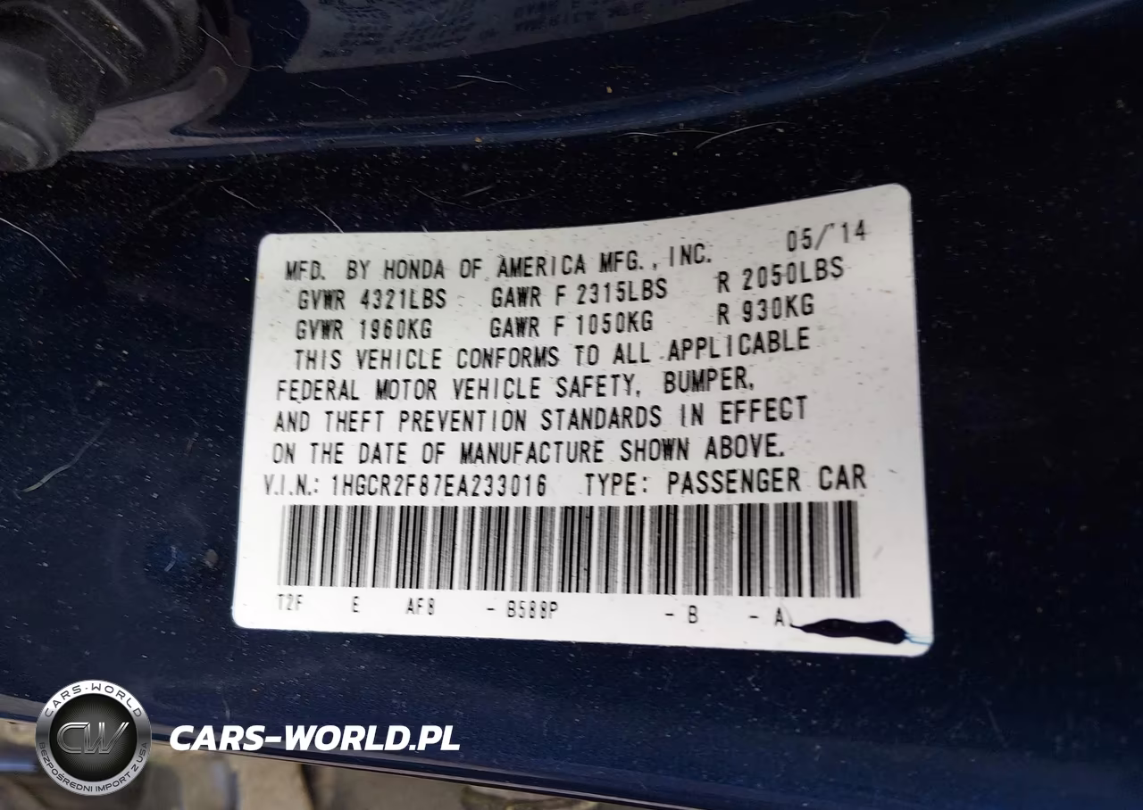 2014 Honda Accord Ex-L VIN:1HGCR2F87EA233016 - 9