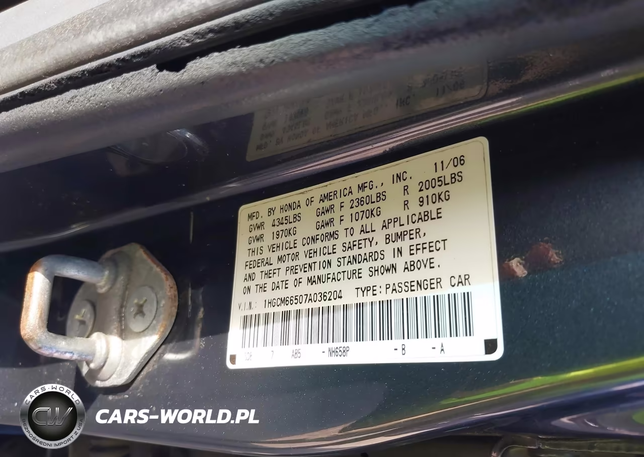 2007 Honda Accord 3.0 Ex VIN:1HGCM66507A036204 - 9