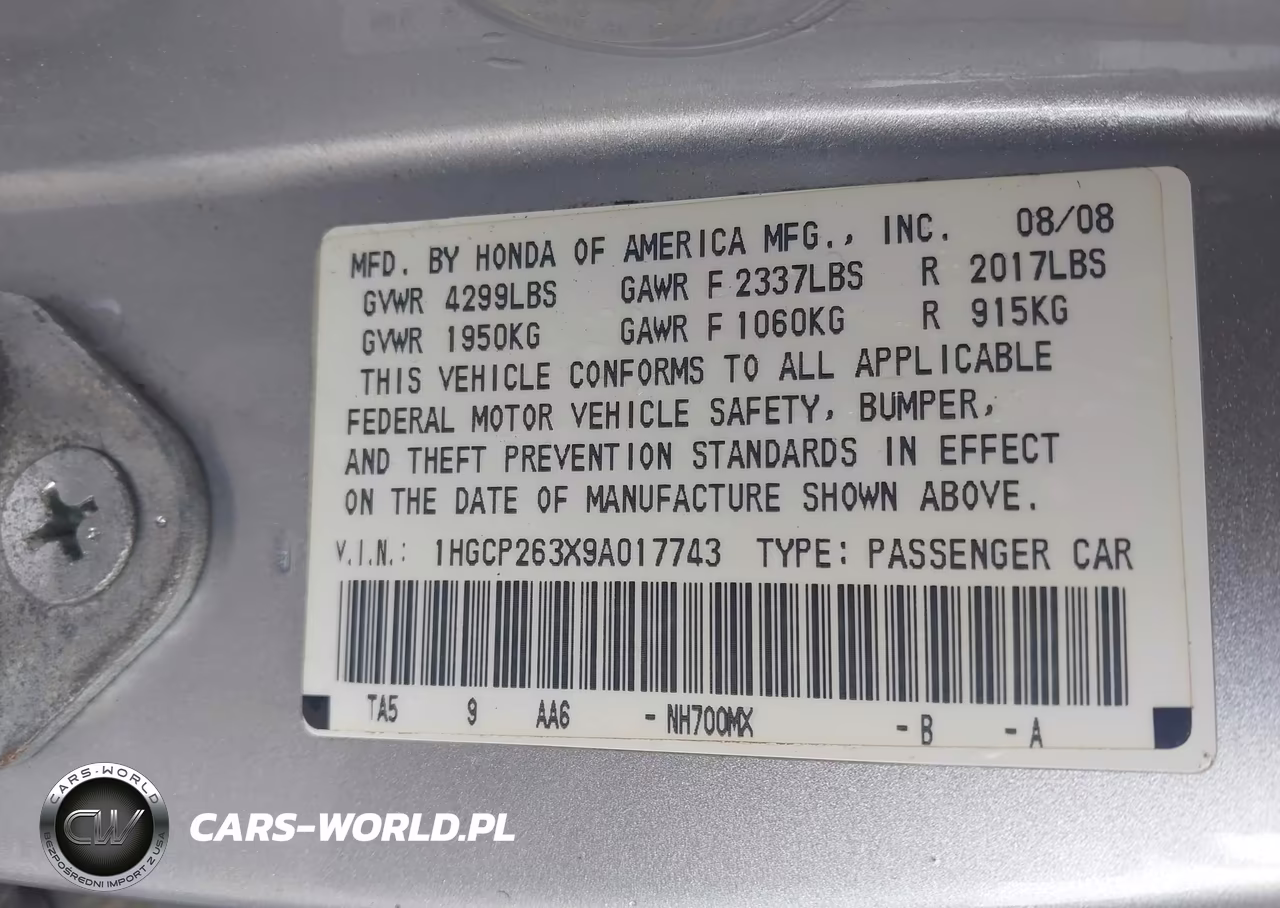 2009 Honda Accord 2.4 Lx VIN:1HGCP263X9A017743 - 9