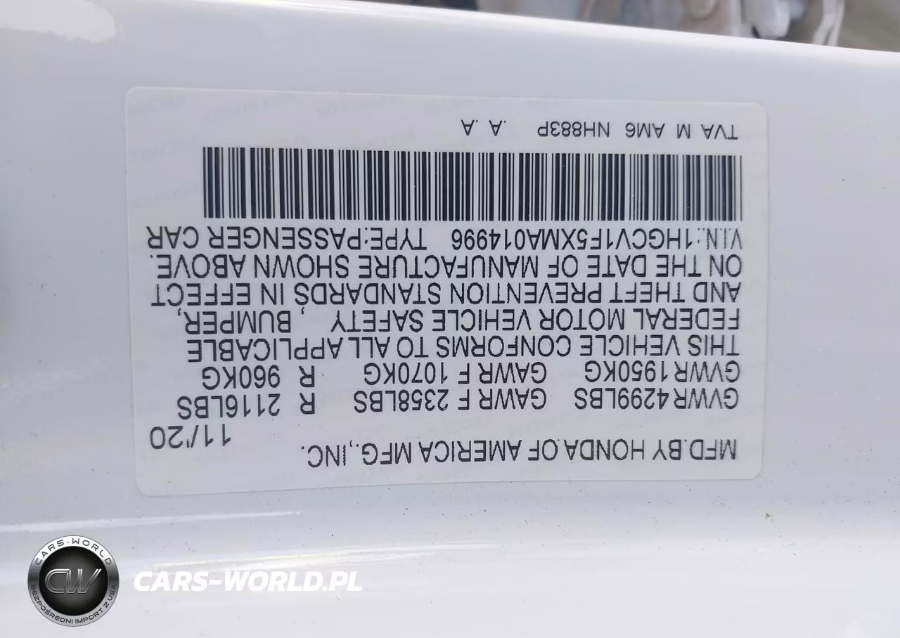 2021 Honda Accord Ex-L VIN:1HGCV1F5XMA014996 - 9