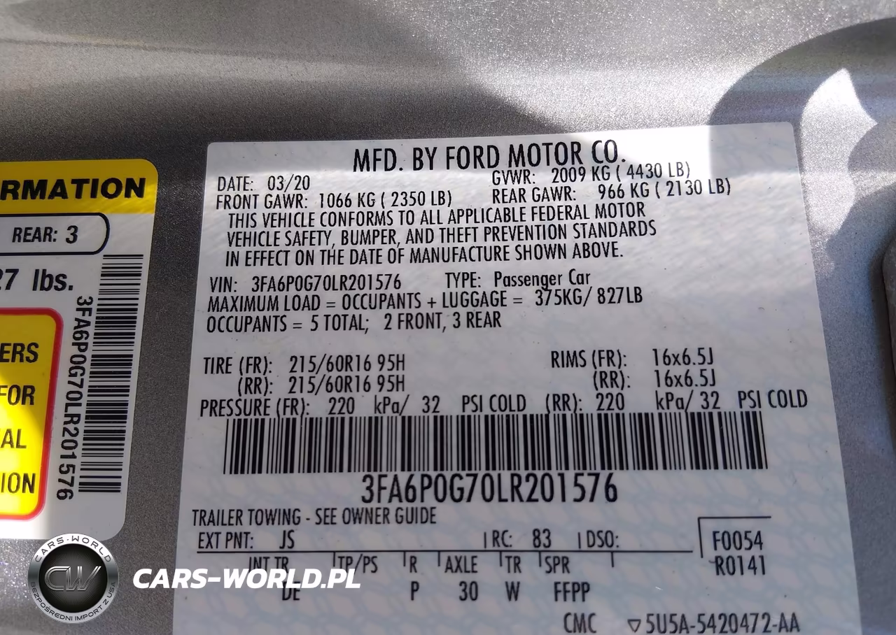 2020 Ford Fusion S VIN:3FA6P0G70LR201576 - 9