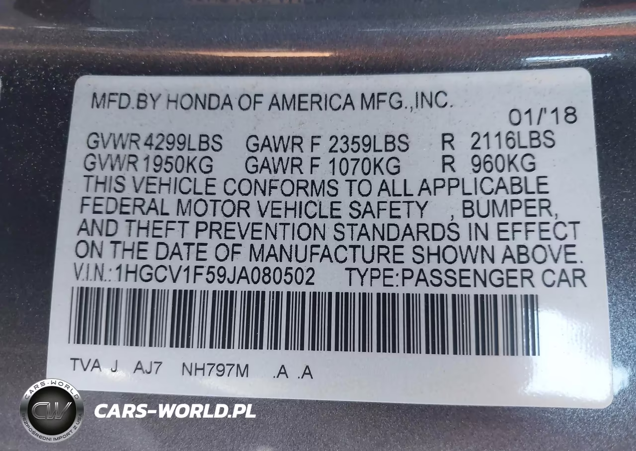 2018 Honda Accord Ex-L VIN:1HGCV1F59JA080502 - 9