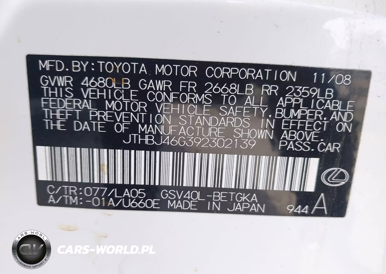 2009 Lexus Es 350 VIN:JTHBJ46G392302139 - 9