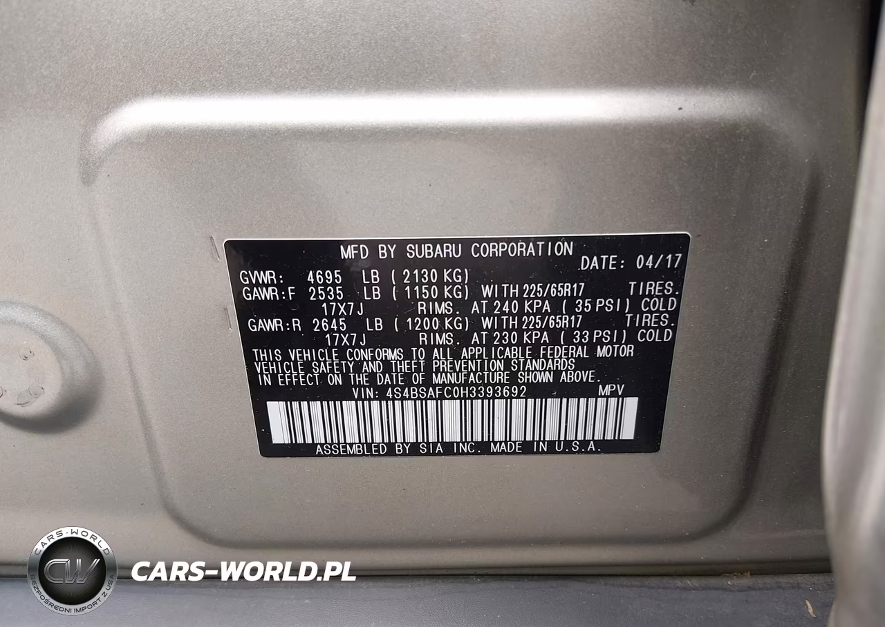 2017 Subaru Outback 2.5I Premium VIN:4S4BSAFC0H3393692 - 9
