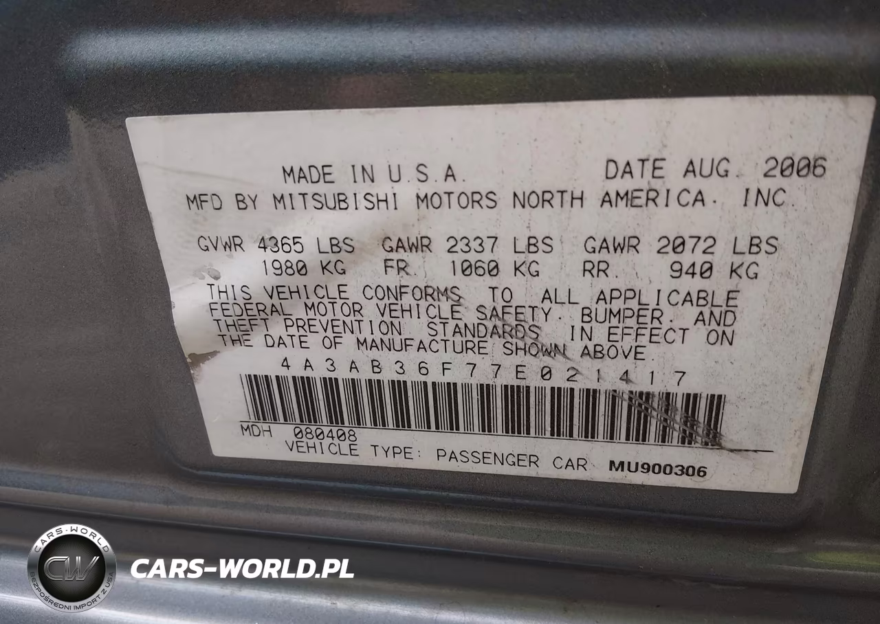 2007 Mitsubishi Galant Es-Se VIN:4A3AB36F77E021417 - 9
