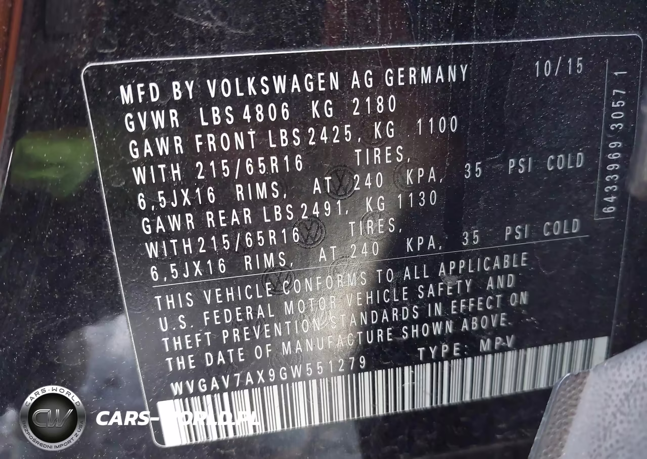 2016 Volkswagen Tiguan S VIN:WVGAV7AX9GW551279 - 9