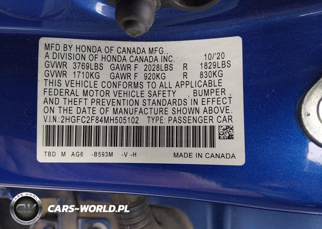 2021 Honda Civic Sport VIN:2HGFC2F84MH505102 - 9