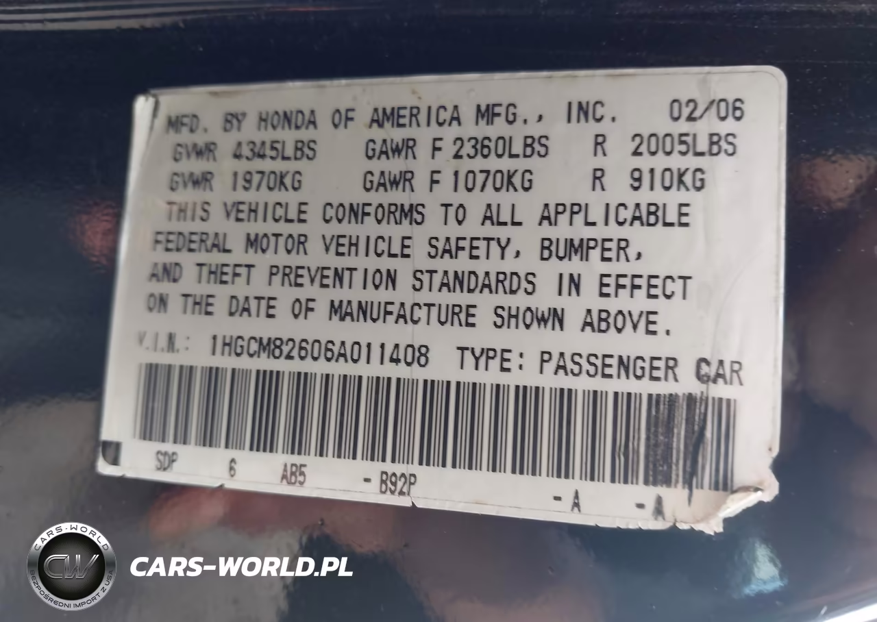 2006 Honda Accord 3.0 Ex VIN:1HGCM82606A011408 - 9
