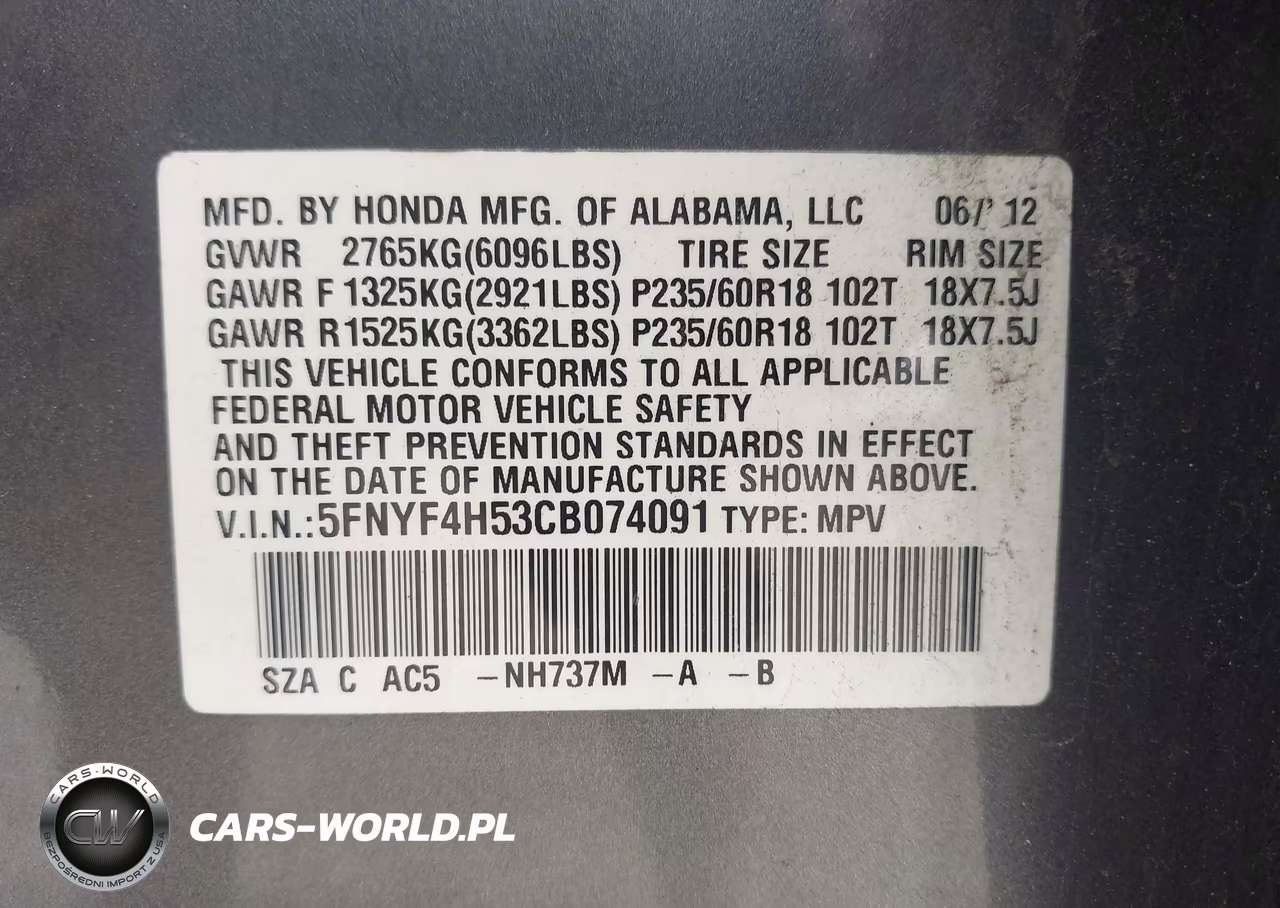 2012 Honda Pilot Ex-L VIN:5FNYF4H53CB074091 - 9