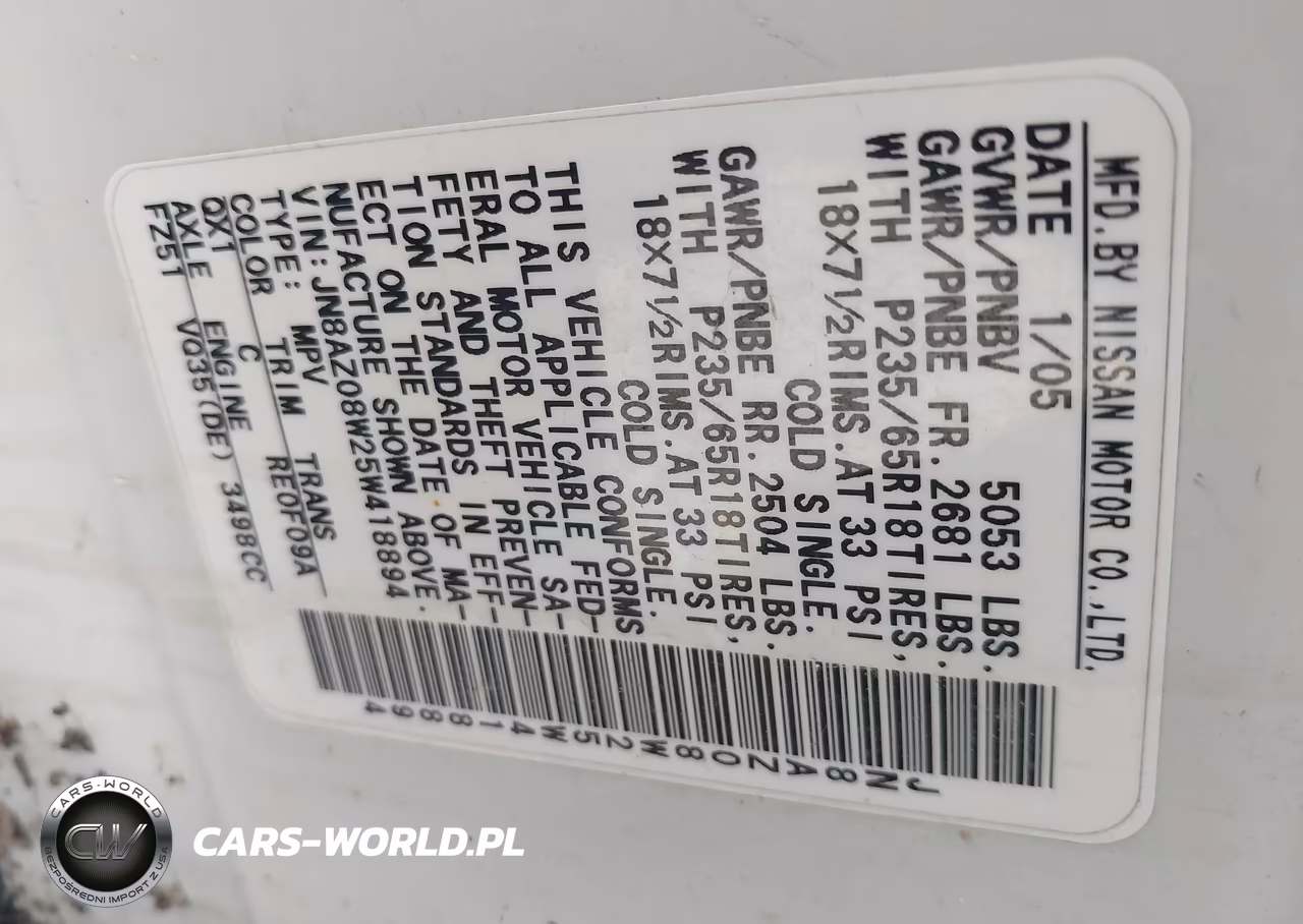 2005 Nissan Murano Sl VIN:JN8AZ08W25W418894 - 9