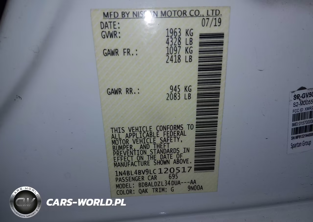 2020 Nissan Altima S Fwd VIN:1N4BL4BV9LC120517 - 9