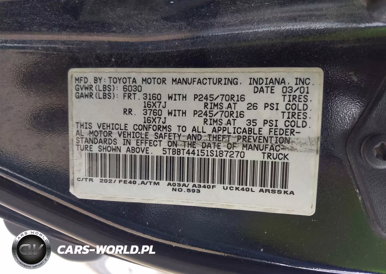 2001 Toyota Tundra Sr5 V8 VIN:5TBBT44151S187270 - 9