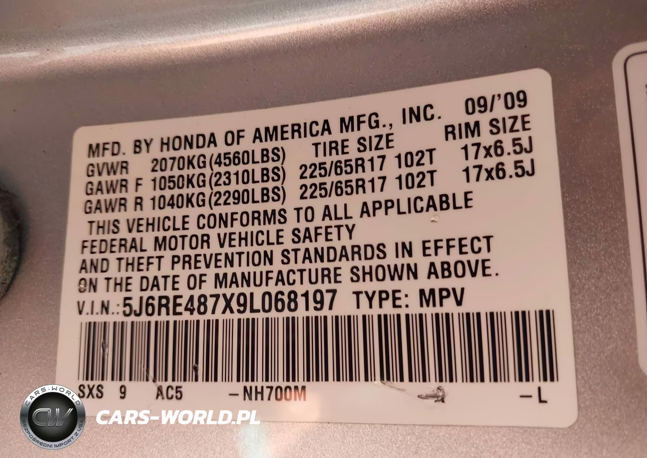 2009 Honda Cr-V Ex-L VIN:5J6RE487X9L068197 - 9
