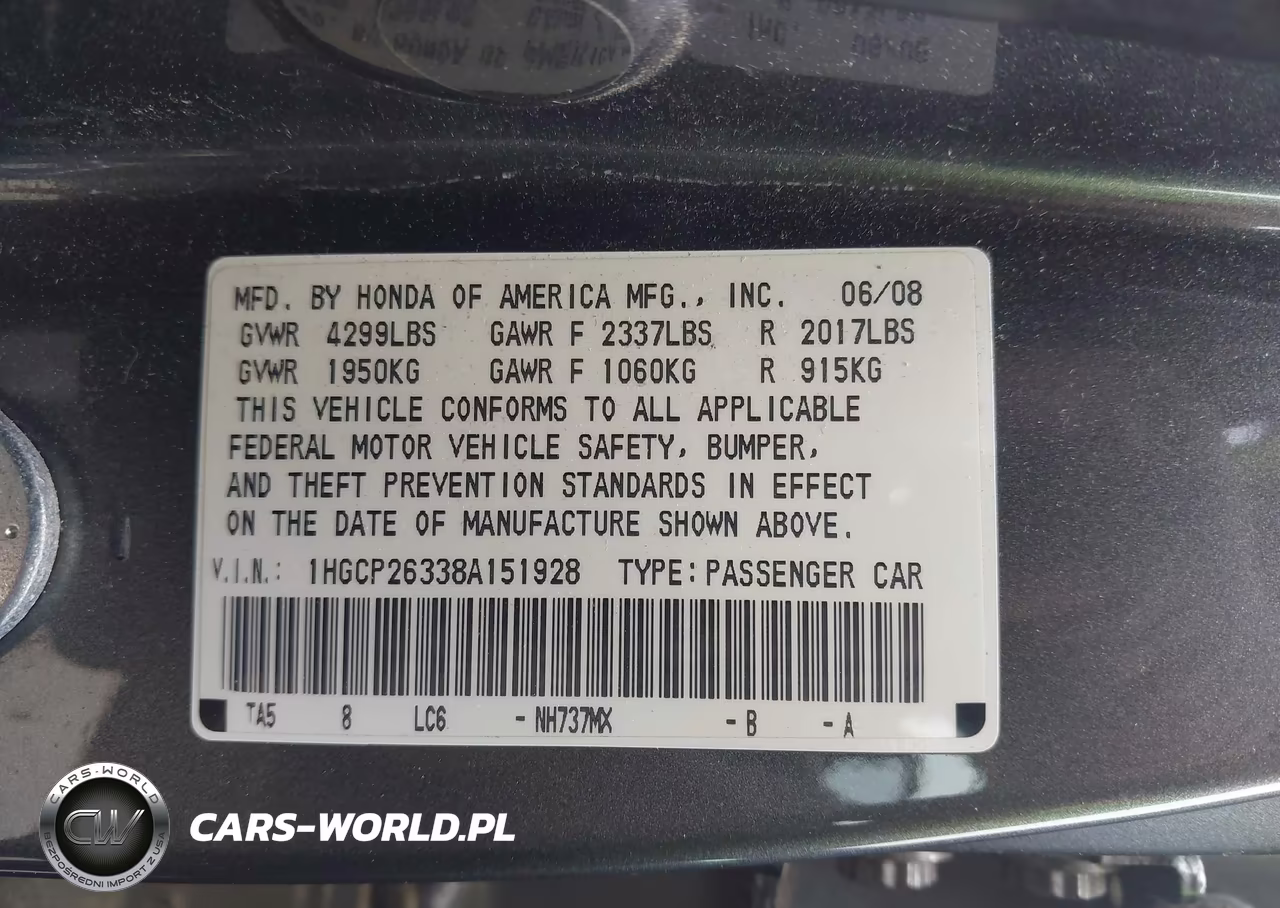 2008 Honda Accord 2.4 Lx VIN:1HGCP26338A151928 - 9