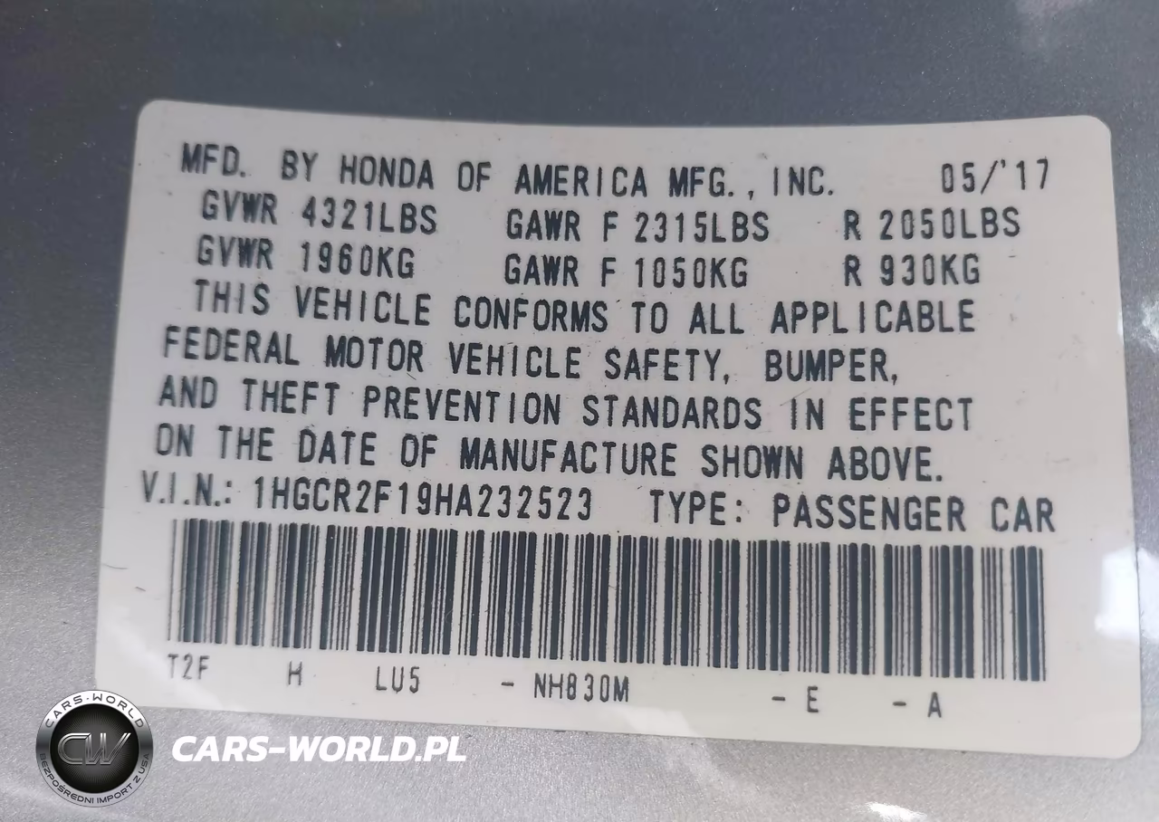 2017 Honda Accord Sport Se VIN:1HGCR2F19HA232523 - 9