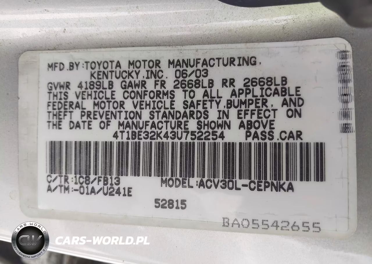2003 Toyota Camry Le VIN:4T1BE32K43U752254 - 9