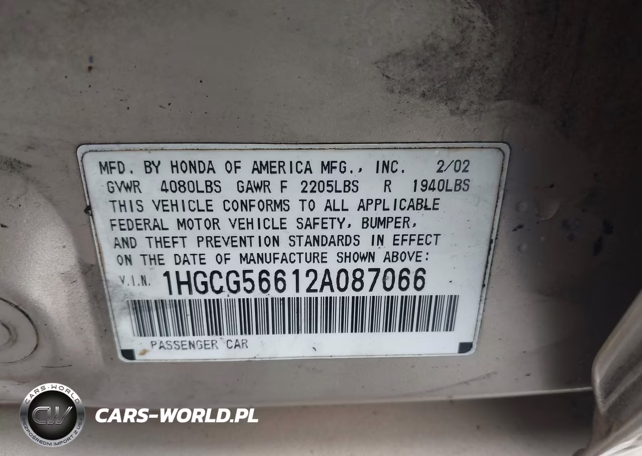2002 Honda Accord 2.3 Ex VIN:1HGCG56612A087066 - 9