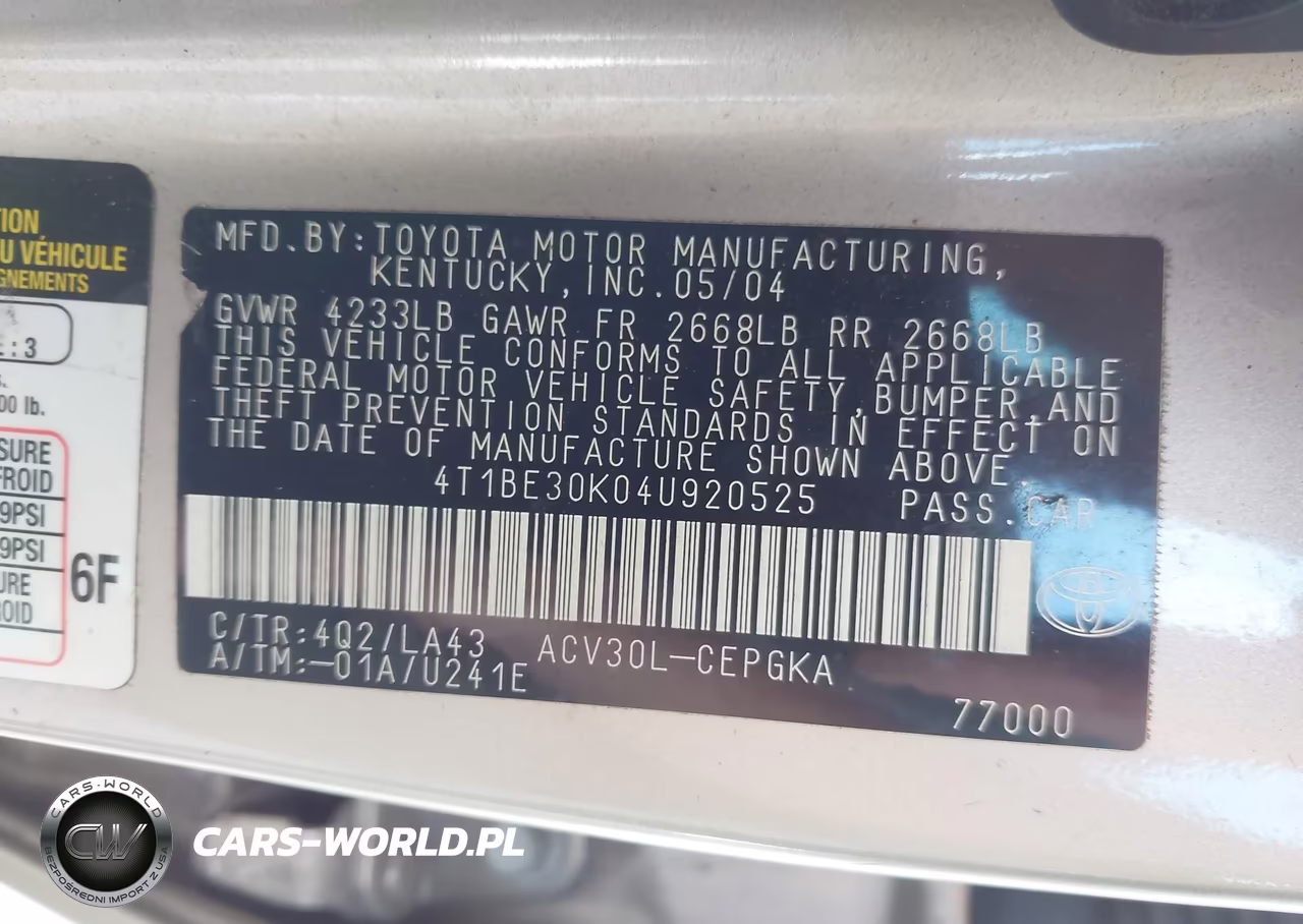 2004 Toyota Camry Xle VIN:4T1BE30K04U920525 - 9