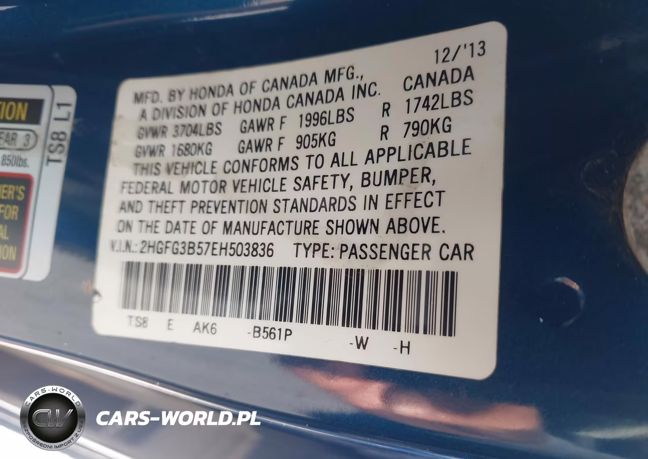 2014 Honda Civic Lx VIN:2HGFG3B57EH503836 - 9