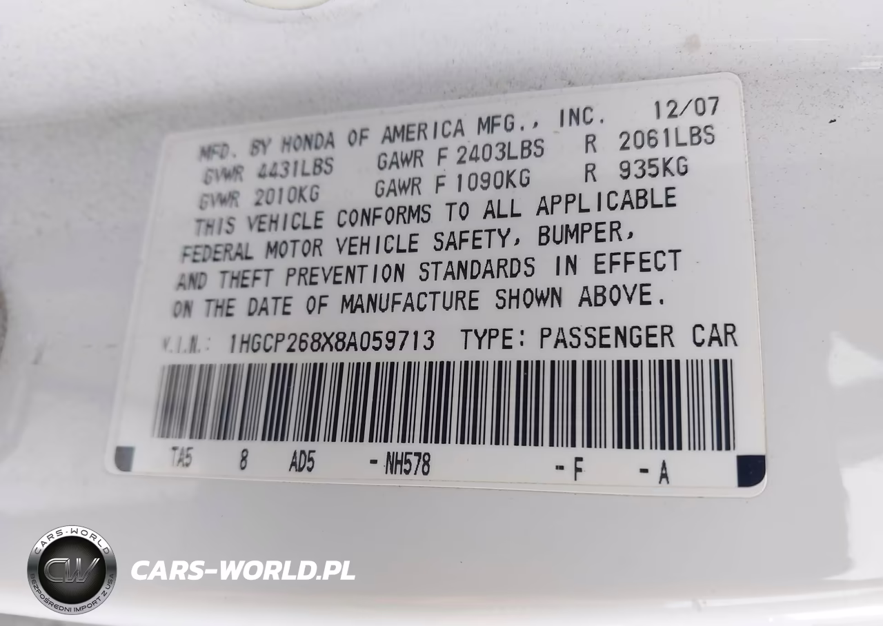 2008 Honda Accord 2.4 Ex-L VIN:1HGCP268X8A059713 - 9