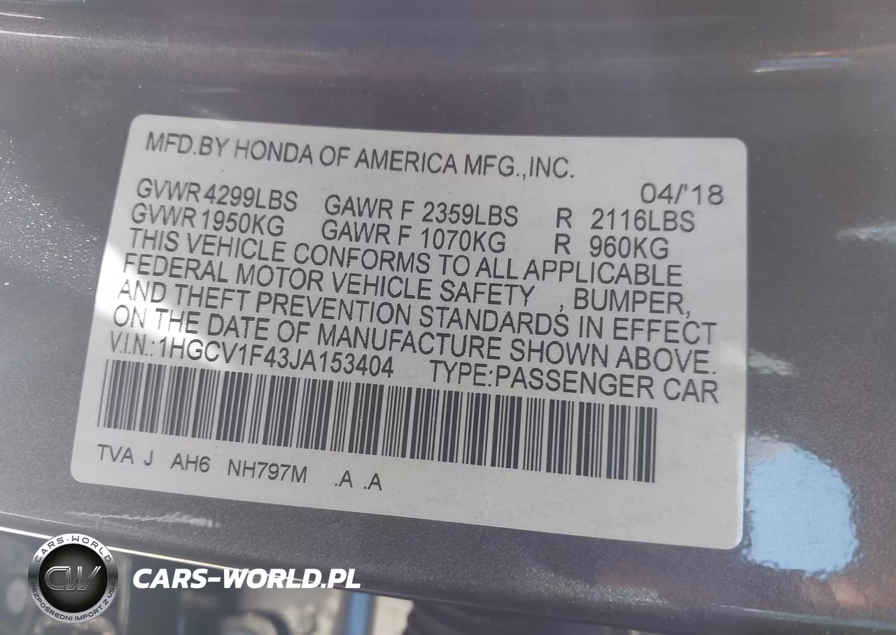 2018 Honda Accord Ex VIN:1HGCV1F43JA153404 - 9