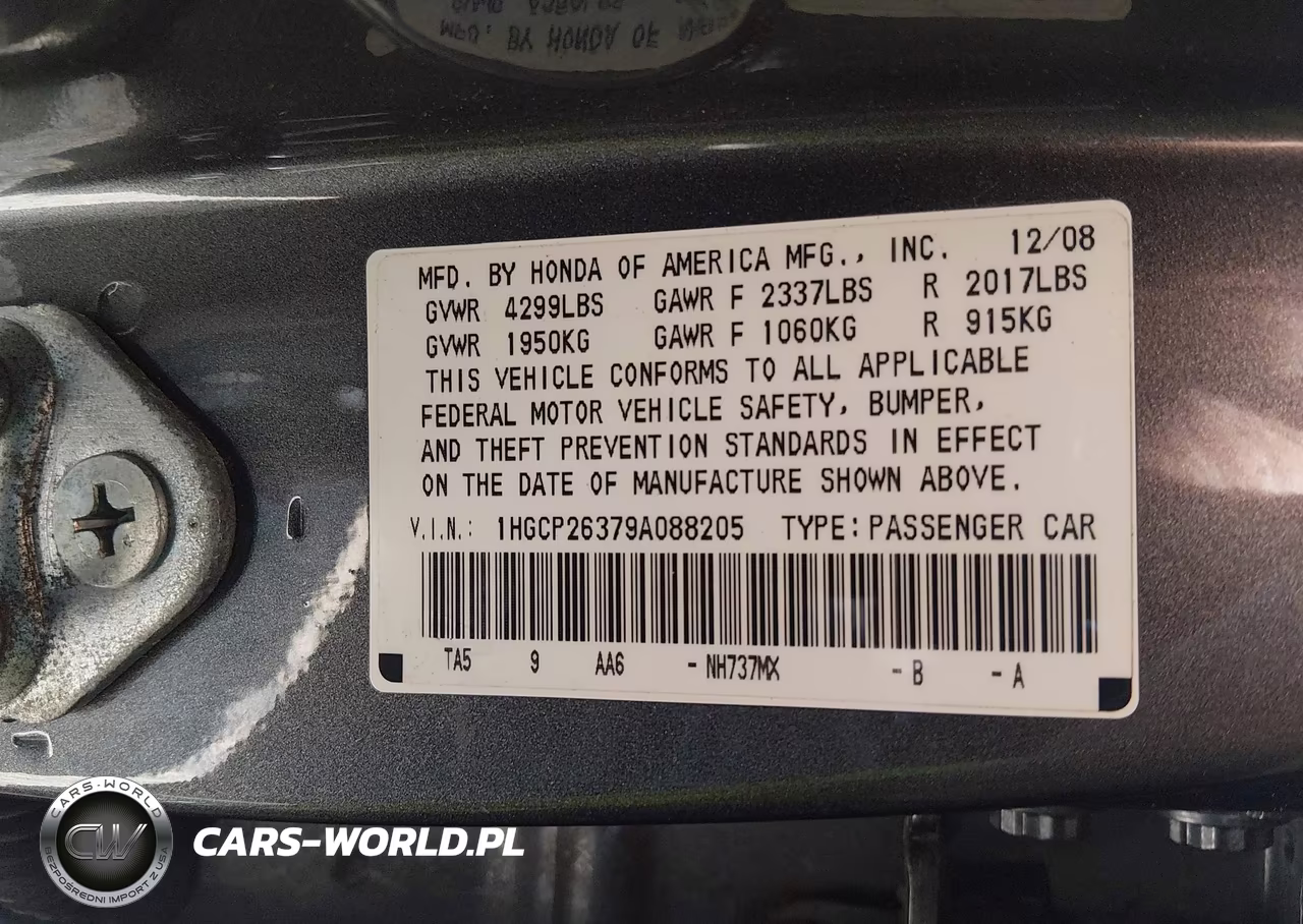 2009 Honda Accord 2.4 Lx VIN:1HGCP26379A088205 - 9