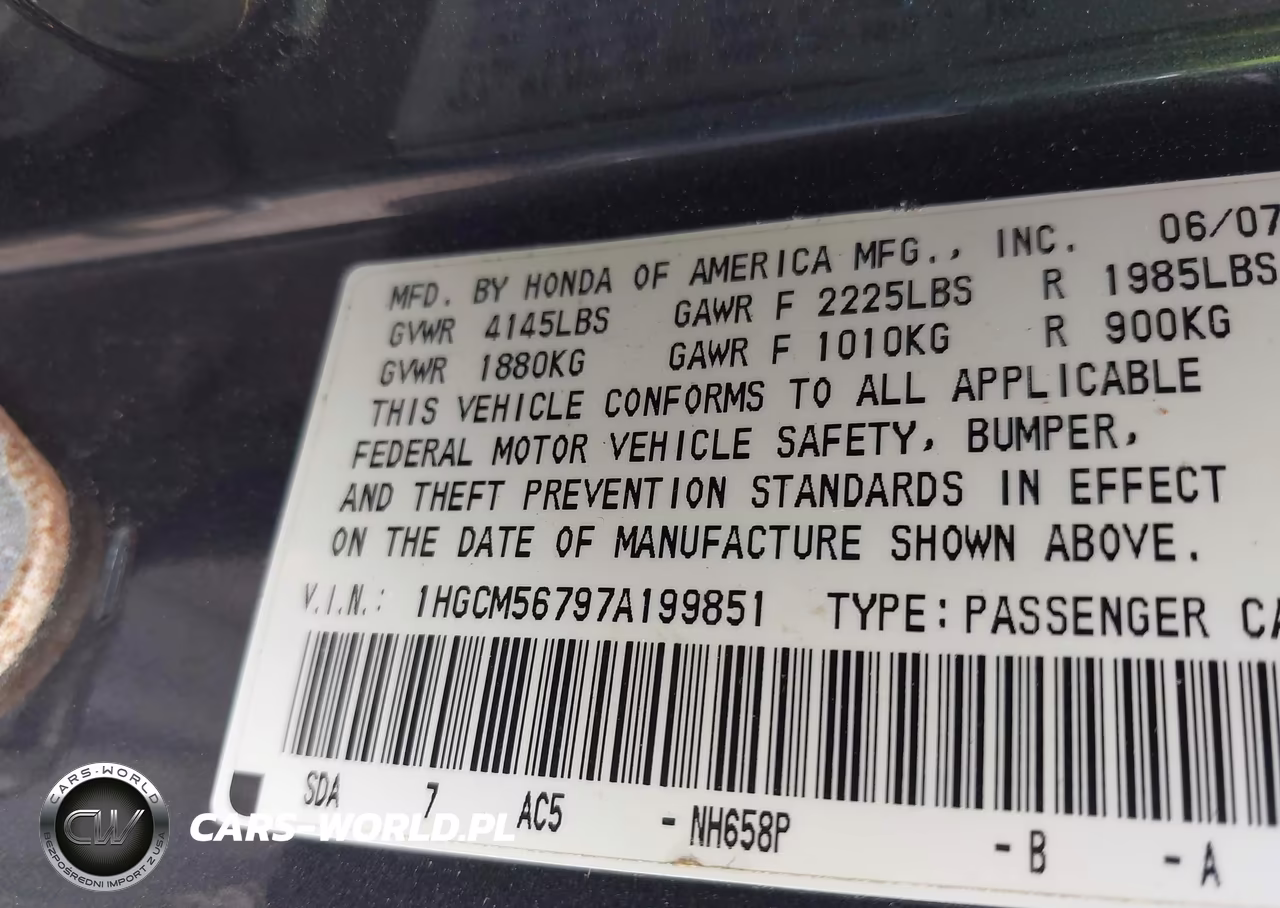 2007 Honda Accord 2.4 Ex VIN:1HGCM56797A199851 - 9