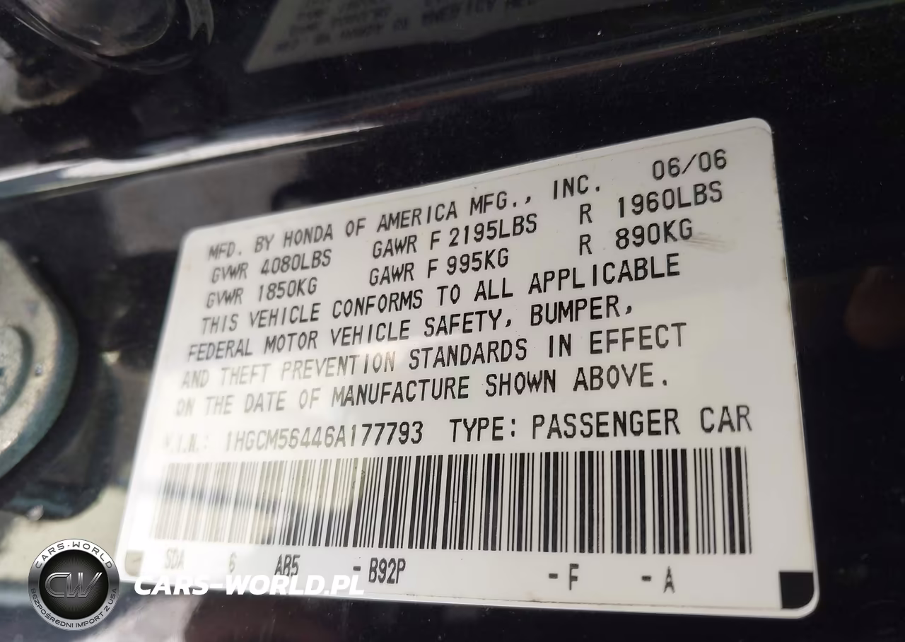 2006 Honda Accord 2.4 Lx VIN:1HGCM56446A177793 - 9