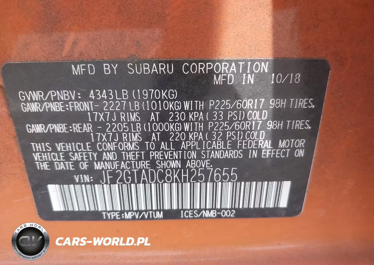 2019 Subaru Crosstrek 2.0I Premium VIN:JF2GTADC8KH257655 - 9